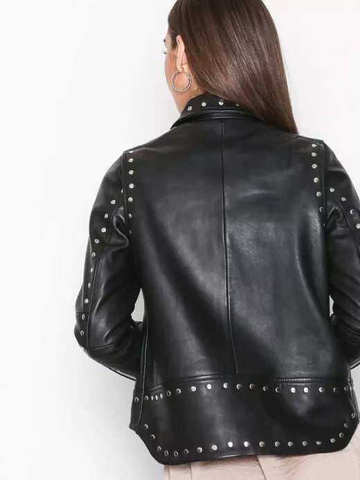 samsoesamsoe black leather biker jacket collard perfecto silver studs zipper