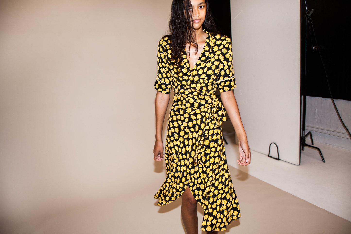 GANNI emory crepe black wrap dress with yellow floral print