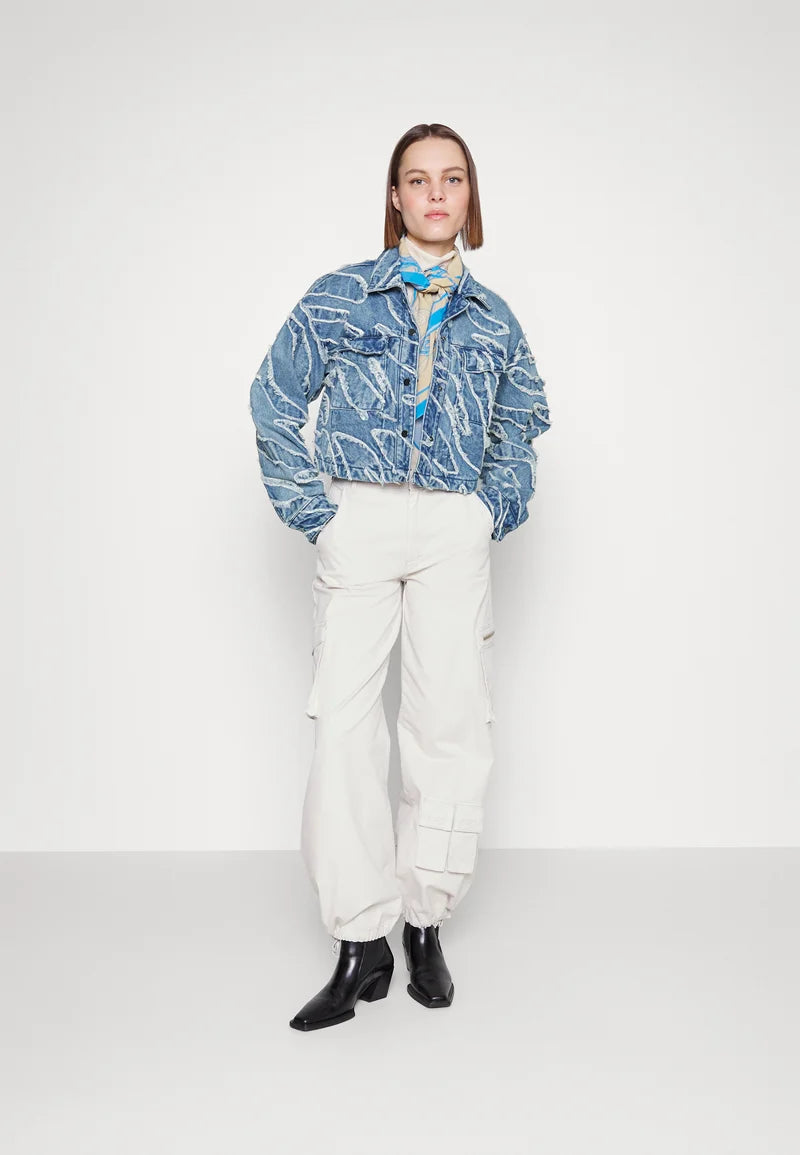 gestuz light blue denim frayered fringe jeans jacket oversize