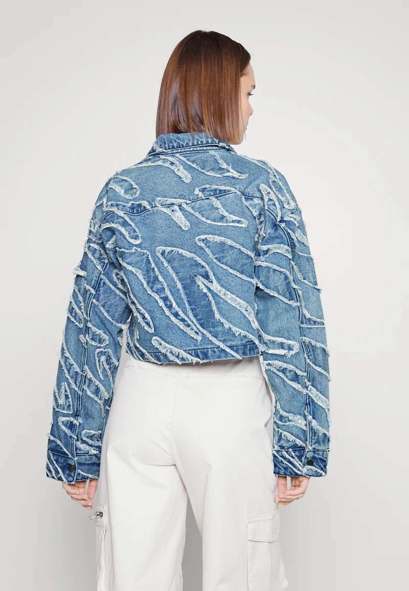 gestuz light blue denim frayered fringe jeans jacket oversize