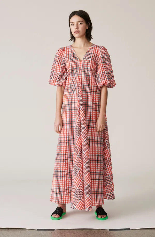 GANNI "Charron" maxi long seersucker dress with puff sleeves BOREAL REBORN GANNI "Charron" maxi long seersucker dress with puff sleeves BOREAL REBORN