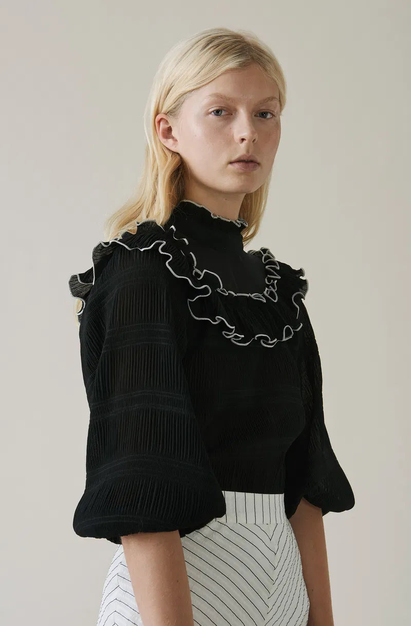 GANNI ruffled pleated black top blouse with puff sleeves lowell