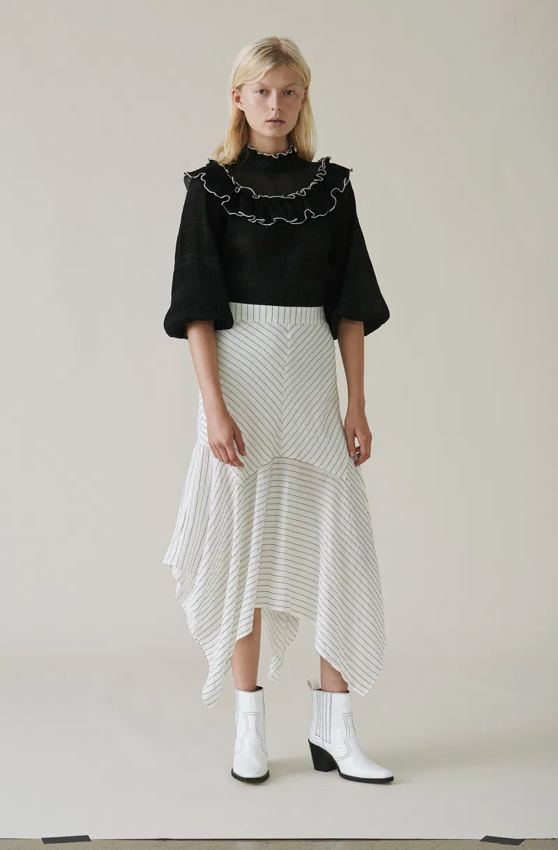 GANNI ruffled pleated black top blouse with puff sleeves