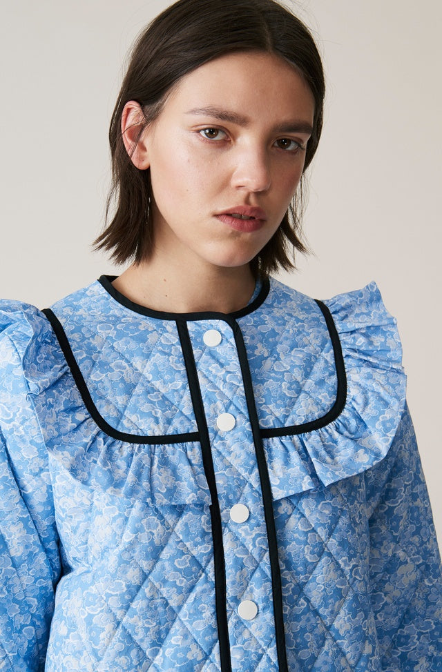 ganni blue white floral quilt ruffle jacket sage