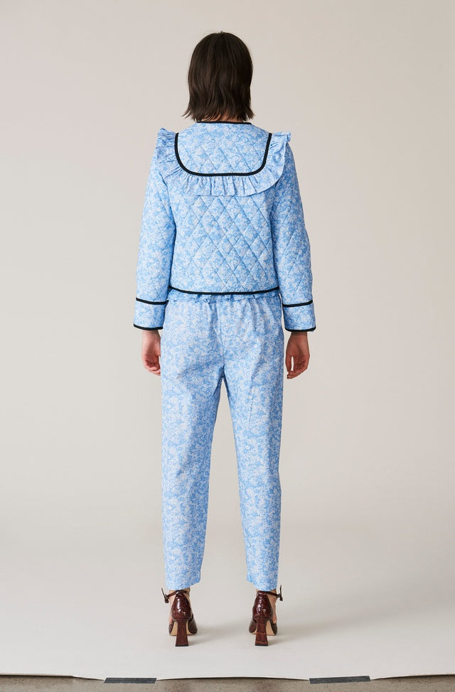 ganni blue white floral quilt ruffle jacket sage