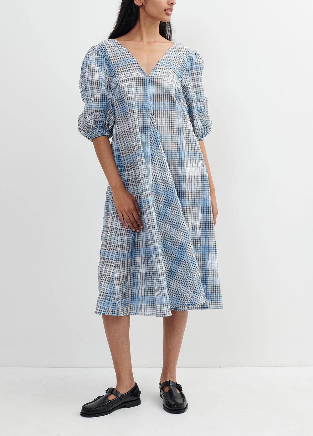 GANNI blue checked seersucker puffsleeves midi dress BOREAL REBORN GANNI blue checked seersucker puffsleeves midi dress BOREAL REBORN