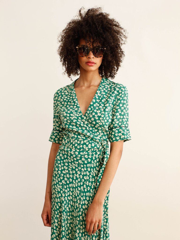 ganni dalton crepe dress green white flowers wrap