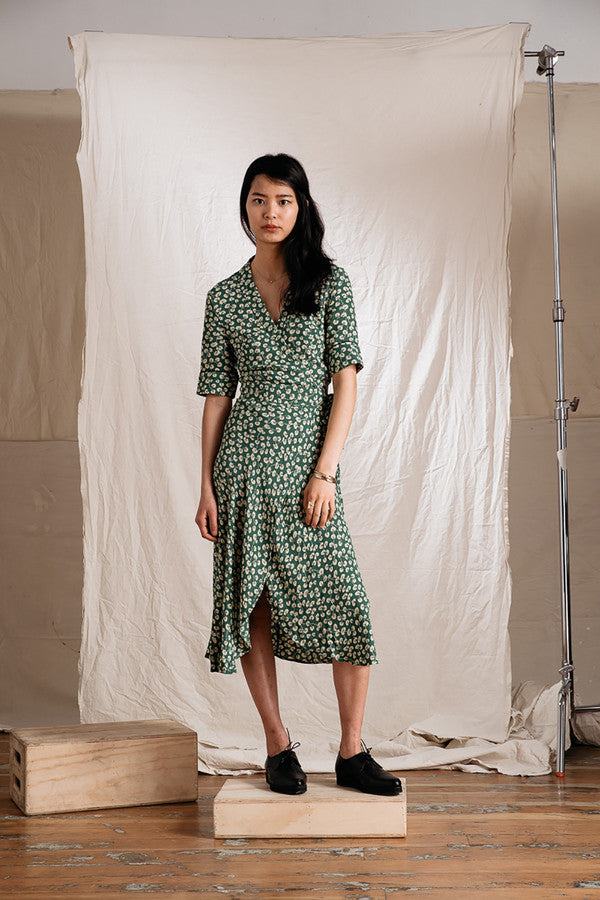 ganni dalton crepe dress green white flowers wrap