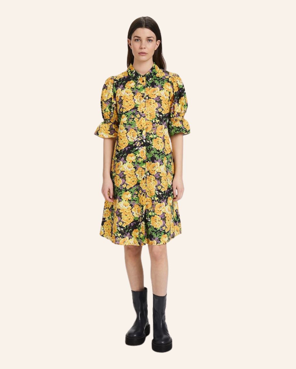 GESTUZ Robe chemise imprimé fleuri "Cassia" à manches ballon