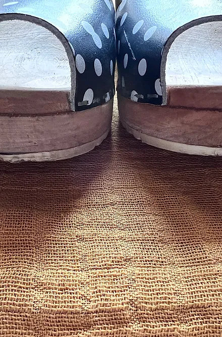 navy blue white polka dot clog shoe wood leather open toe