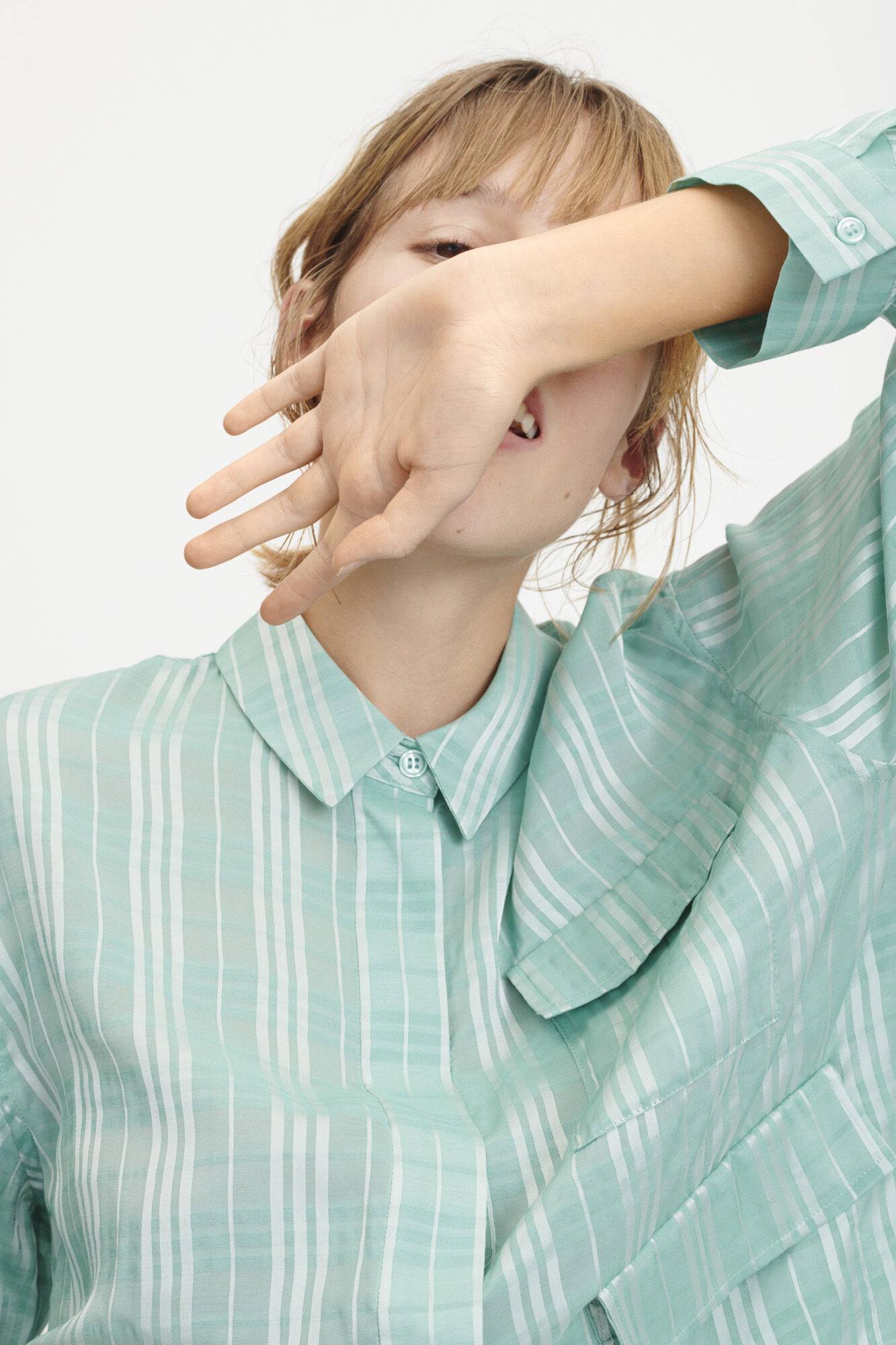 samsoesamsoe ilona light green seersucker check pocket shirt blouse