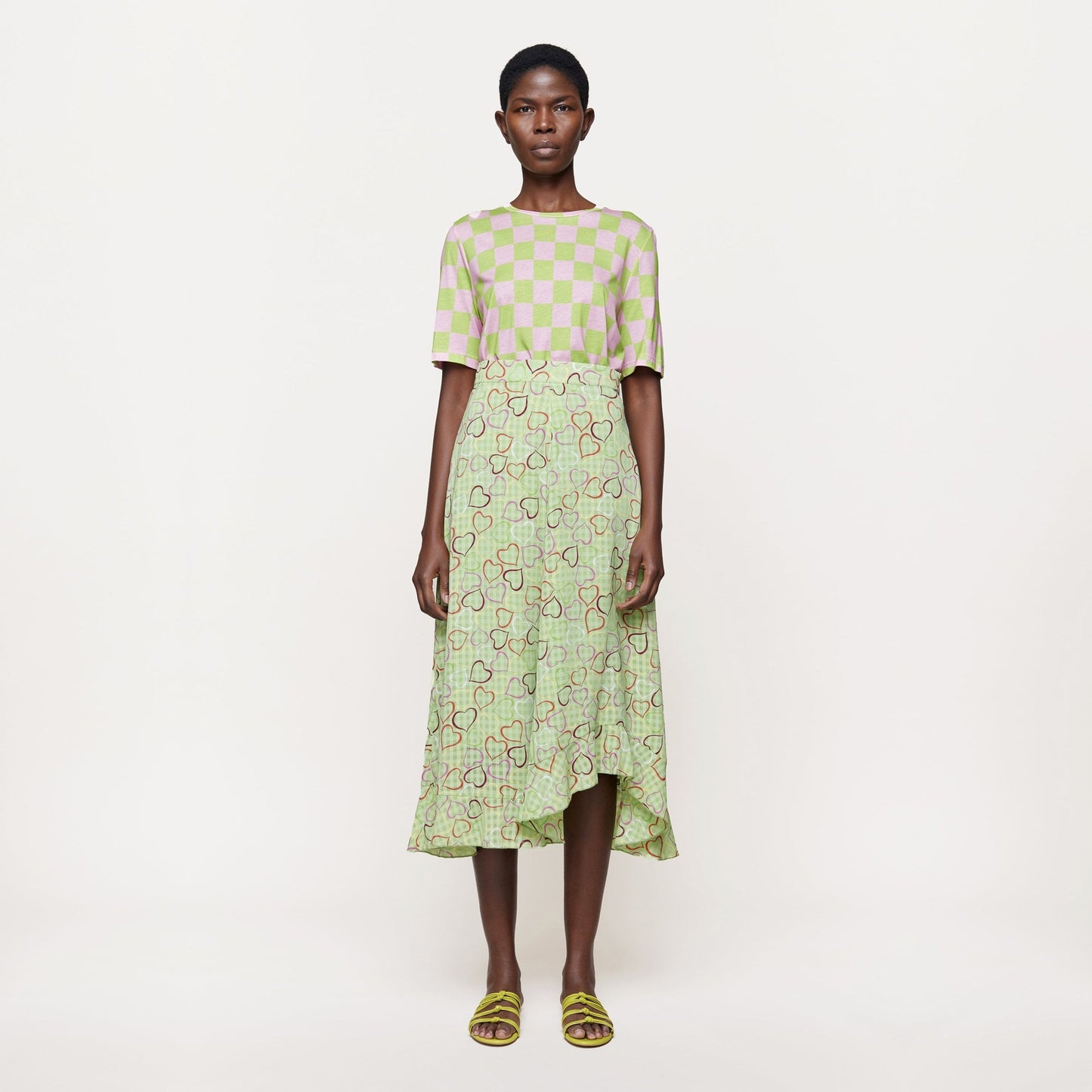 stinegoya marigold green light multicolor hearts ruffle long skirt