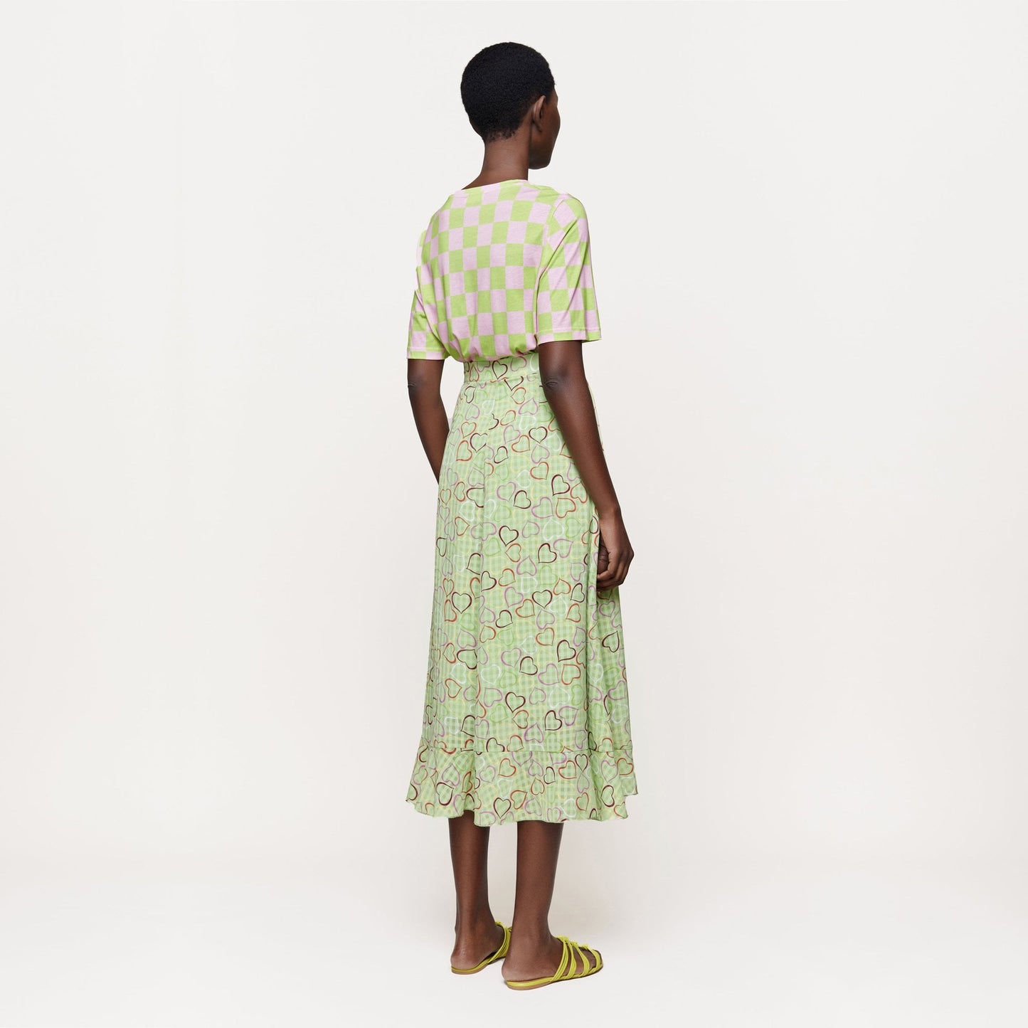 stinegoya marigold green light multicolor hearts ruffle long skirt