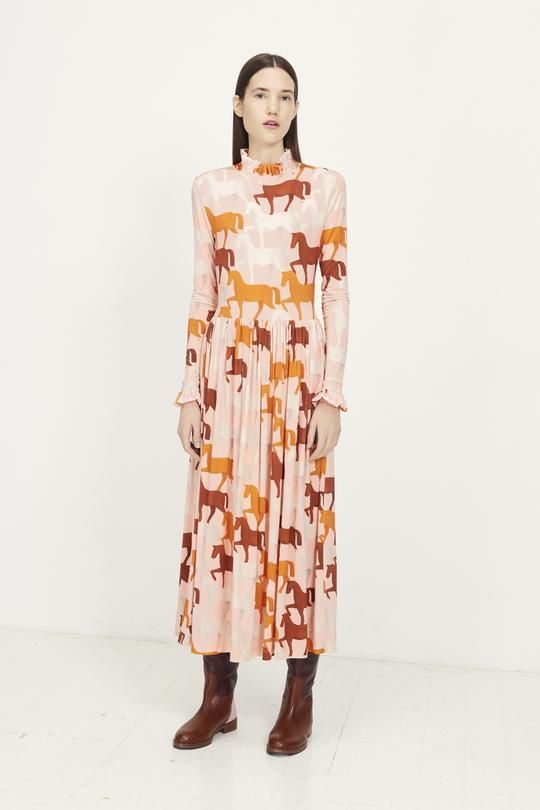 stinegoya clarabelle pink brown horse ruffle long dress
