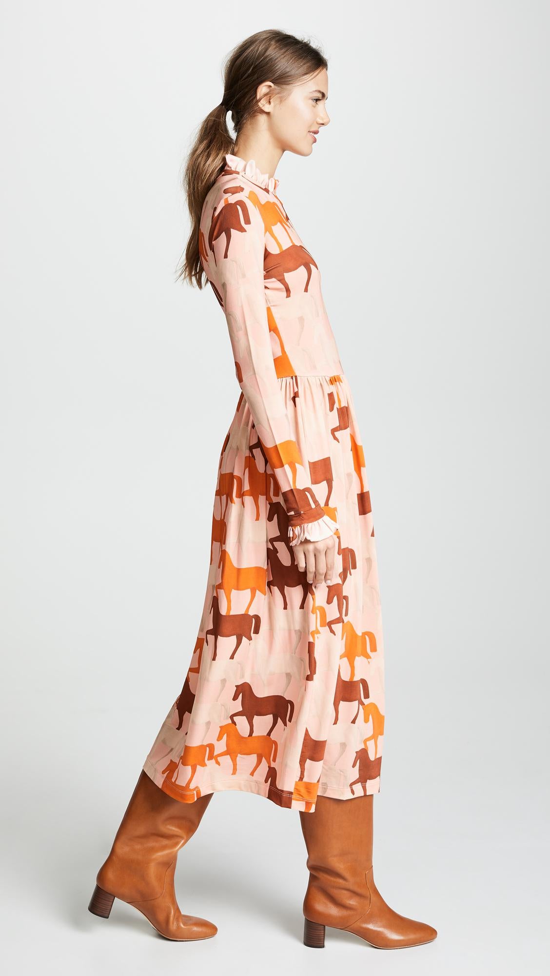stinegoya clarabelle pink brown horse ruffle long dress