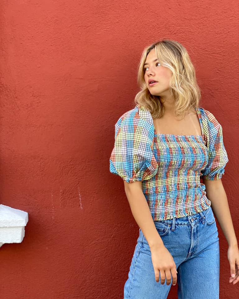GANNI multicolored seersucker puff sleeves smock top blouse