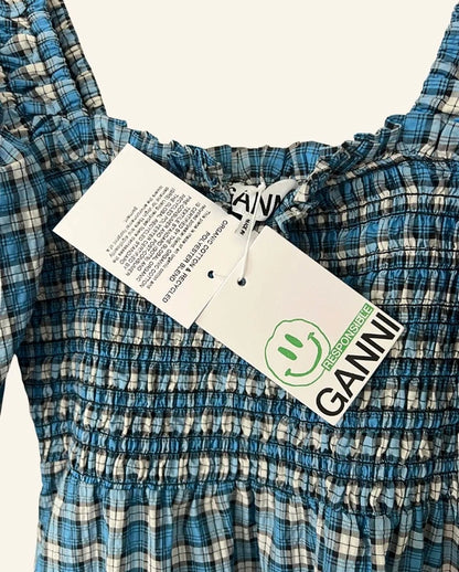 GANNI blue checked seersucker smocked dress