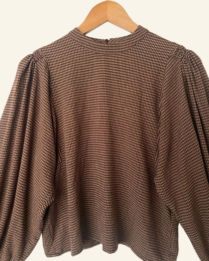 SAMSOE SAMSOE harriet gingham checked brown blouse puff sleeves