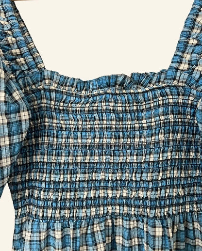 GANNI blue checked seersucker smocked dress