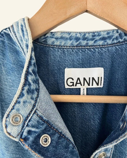 GANNI blouse in blue washed denim with puff sleeves