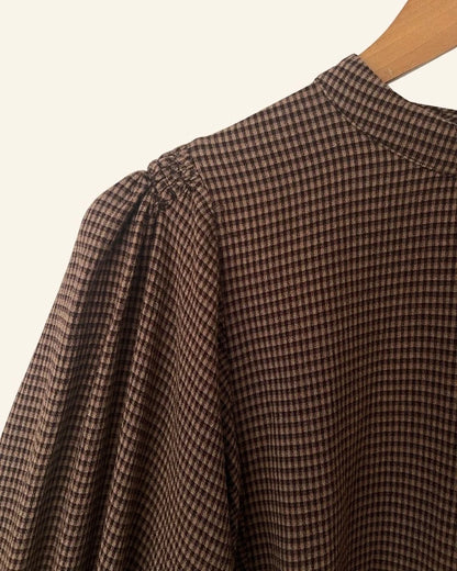 SAMSOE SAMSOE gingham checked brown blouse with puff sleeves