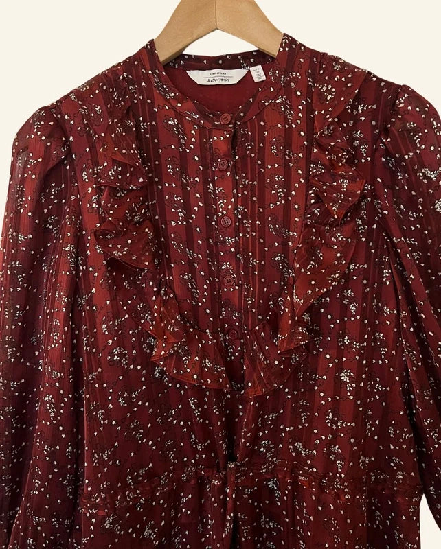 & OTHER STORIES burgundy satin ruffled floral print long dress