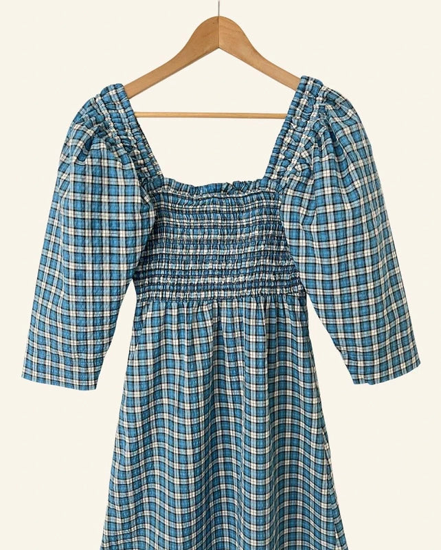 GANNI blue checked seersucker smocked dress