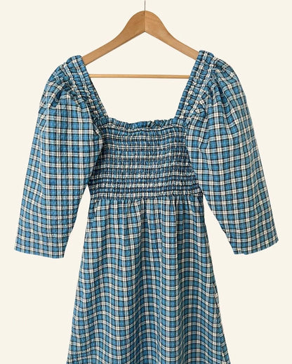 GANNI blue checked seersucker smocked dress