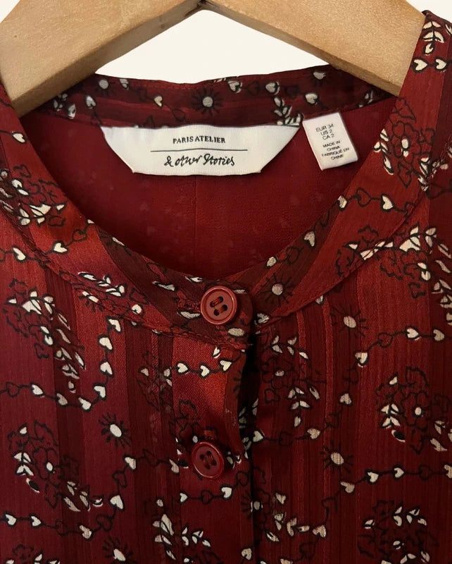 & OTHER STORIES burgundy satin ruffled floral print long dress