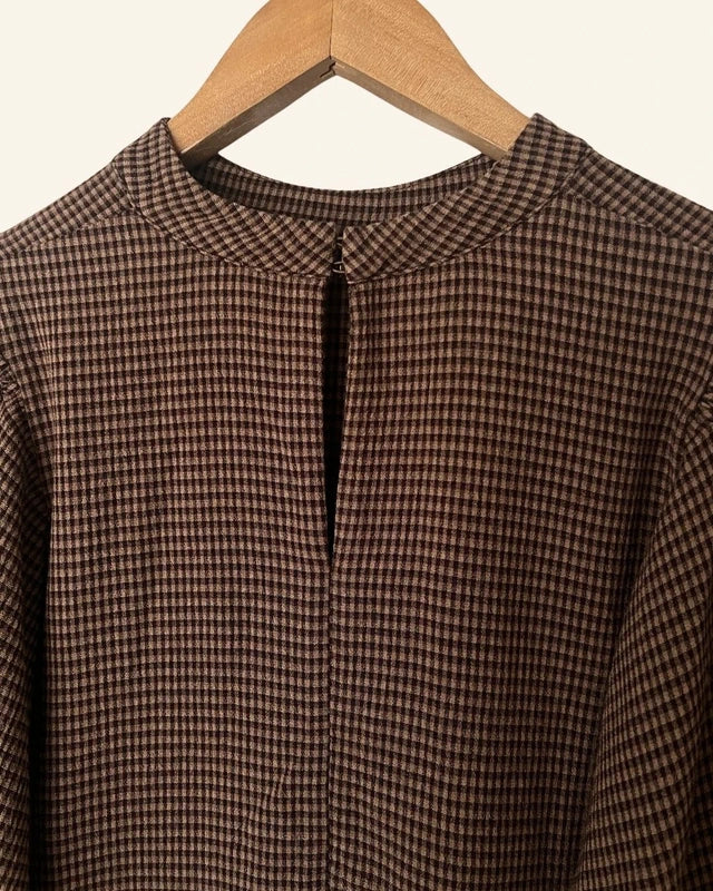 SAMSOE SAMSOE gingham checked brown blouse with puff sleeves