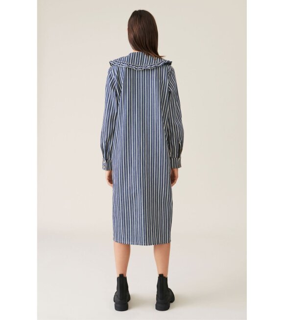 ganni coton shirt dress white stripe blue denim coton collar ruffle peter pan neck