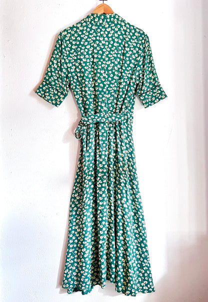  ganni dalton crepe dress green white flowers wrap