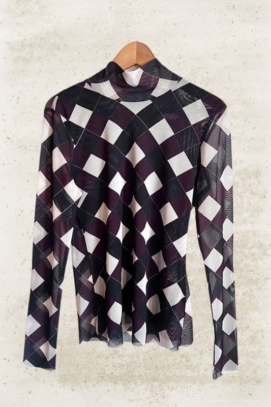 BAUM UND PFERDGARTEN high neck checkered mesh top brown black white check