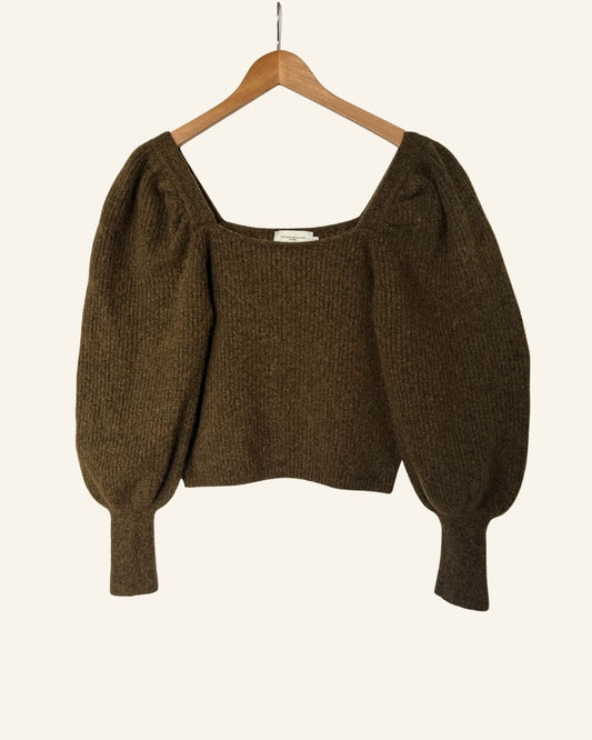 COPENHAGEN MUSE knitted khaki green puff sleeves alpaca squard sweater knitwear
