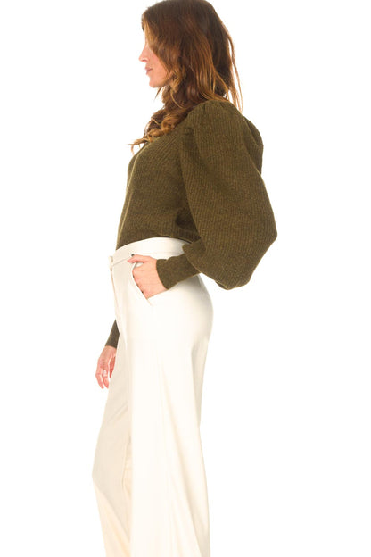 COPENHAGEN MUSE knitted khaki green puff sleeves alpaca squard sweater knitwear