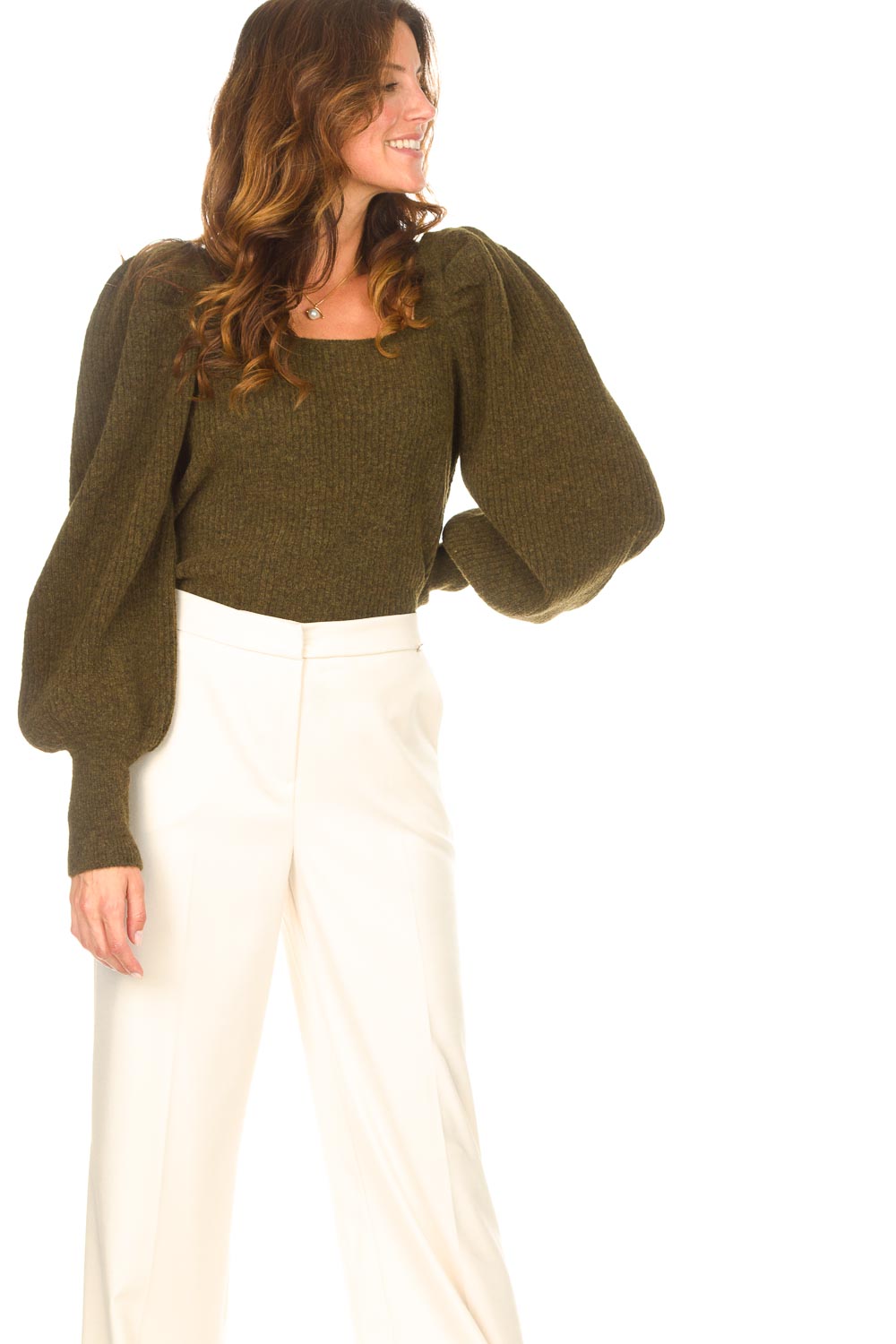 COPENHAGEN MUSE knitted khaki green puff sleeves alpaca squard sweater knitwear
