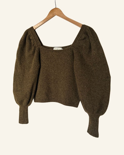 COPENHAGEN MUSE knitted khaki green puff sleeves alpaca squard sweater knitwear