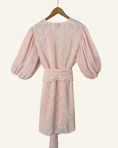 GANNI light baby pink pleated satin mini dress with belt