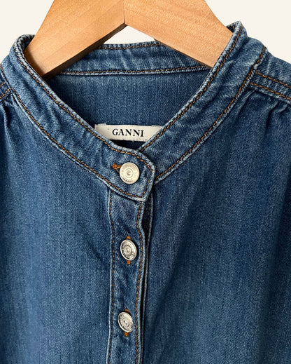 GANNI blue denim puff sleeves blouse shirt