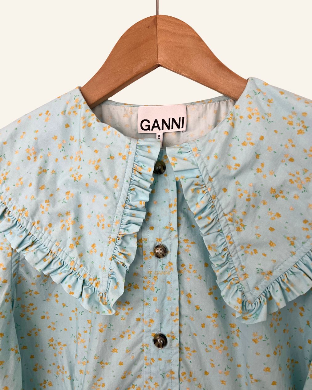 GANNI turquoise blue printed shirt blouse with large ruffled collar