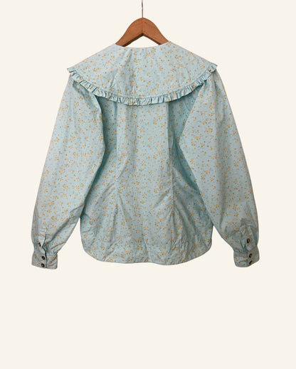 GANNI turquoise blue printed shirt blouse with large ruffled collar