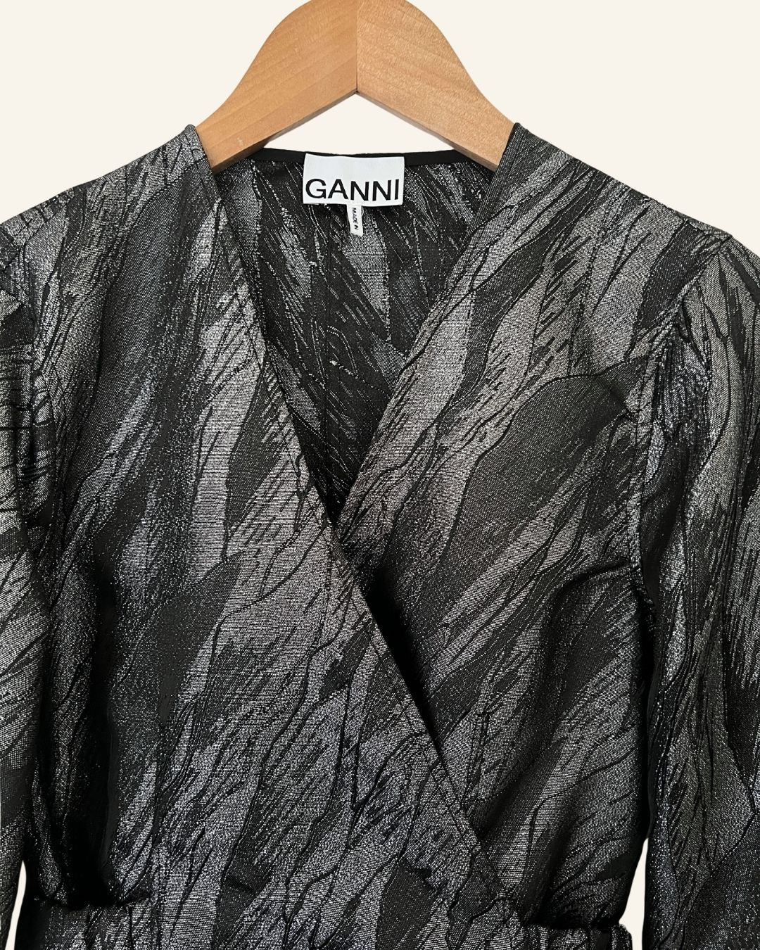 GANNI mini wrap black silver jacquard mini dress