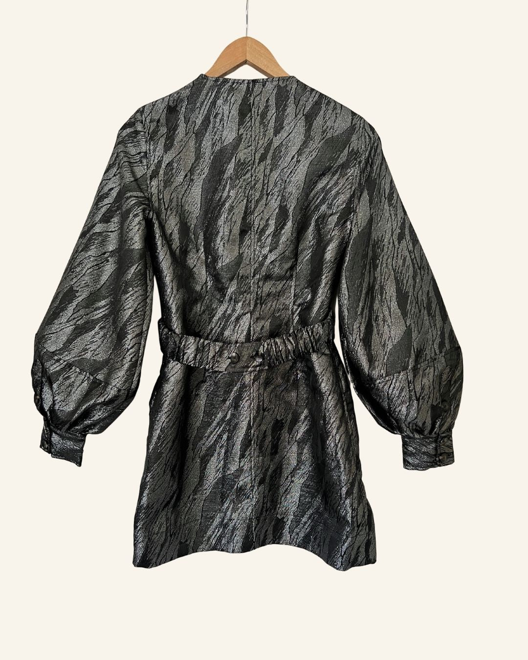 GANNI wrap black silver jacquard mini dress balloon sleeves