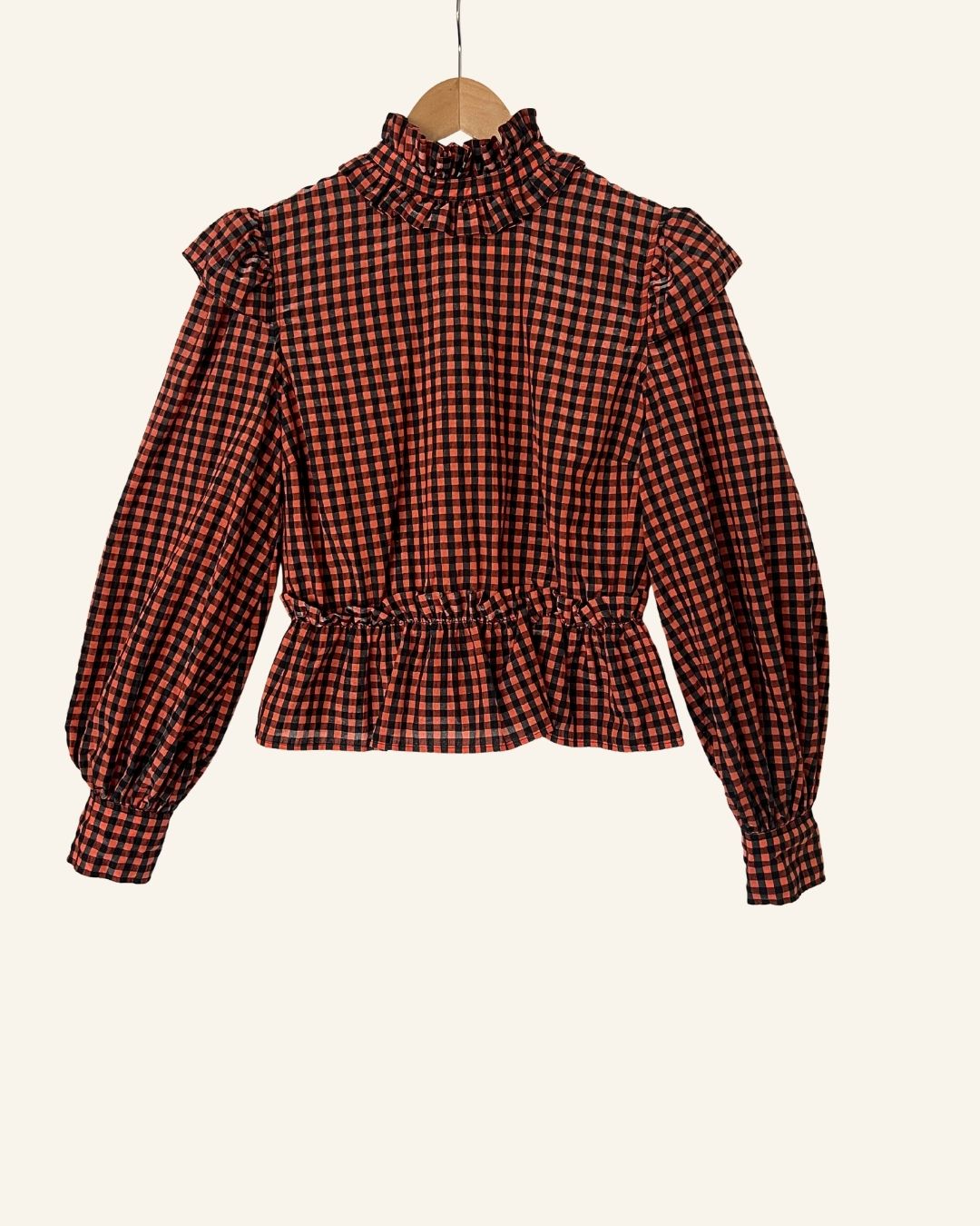 GANNI seersucker coral red / black gingham peplum blouse