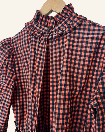 GANNI seersucker coral red / black gingham peplum blouse