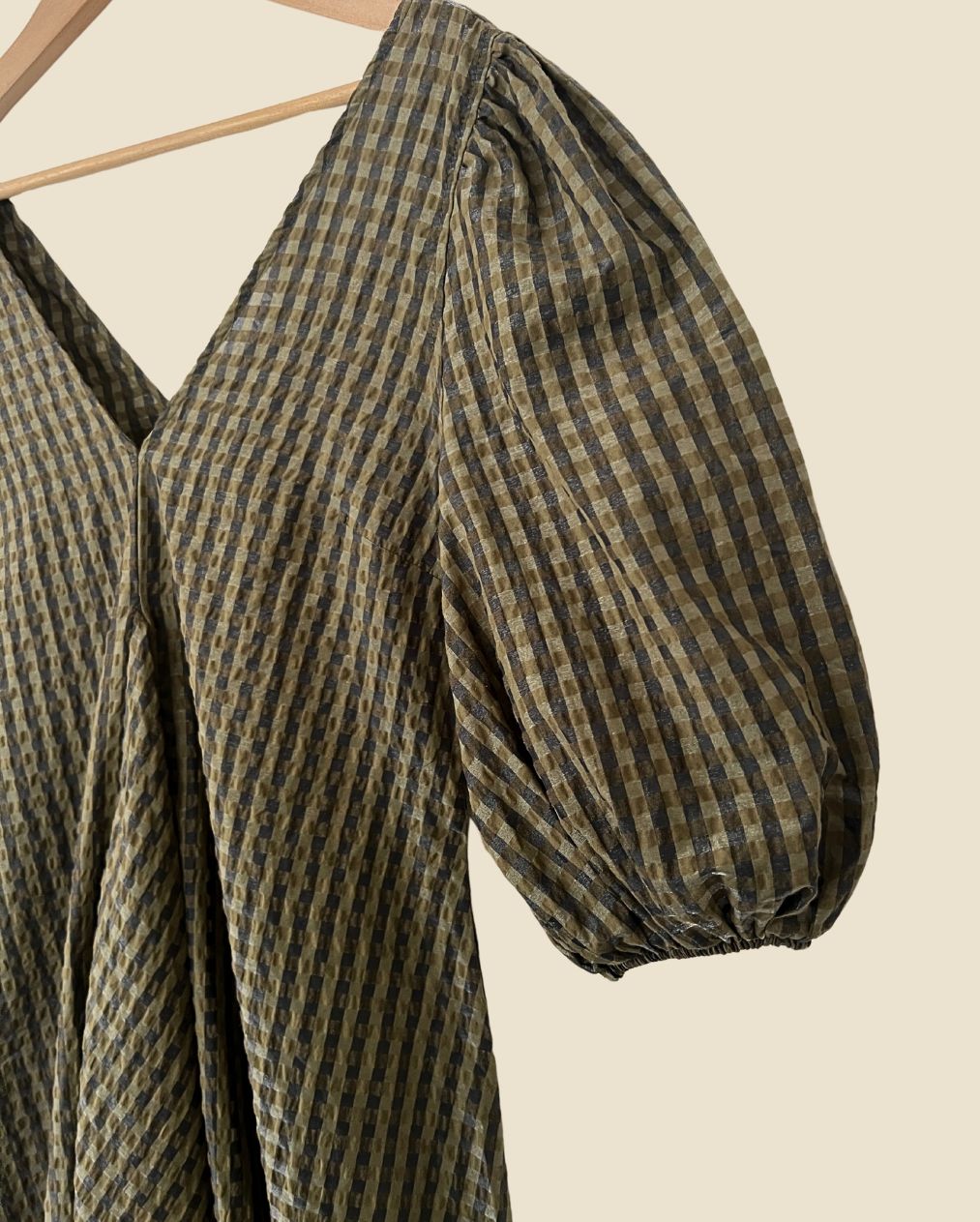 GANNI  kaki green gingham seersucker checked dress with puff sleeves