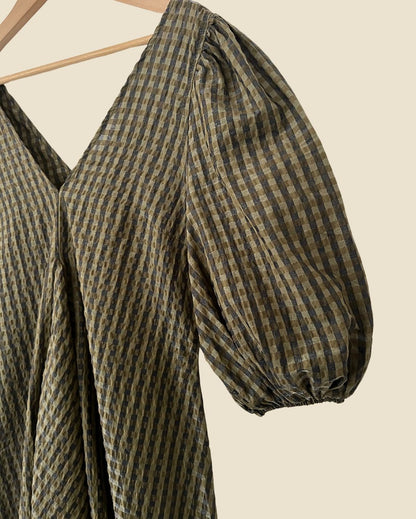 GANNI  kaki green gingham seersucker checked dress with puff sleeves