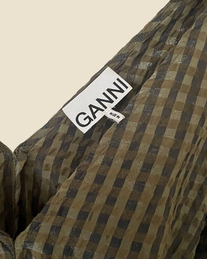 GANNI  kaki green gingham seersucker checked dress with puff sleeves