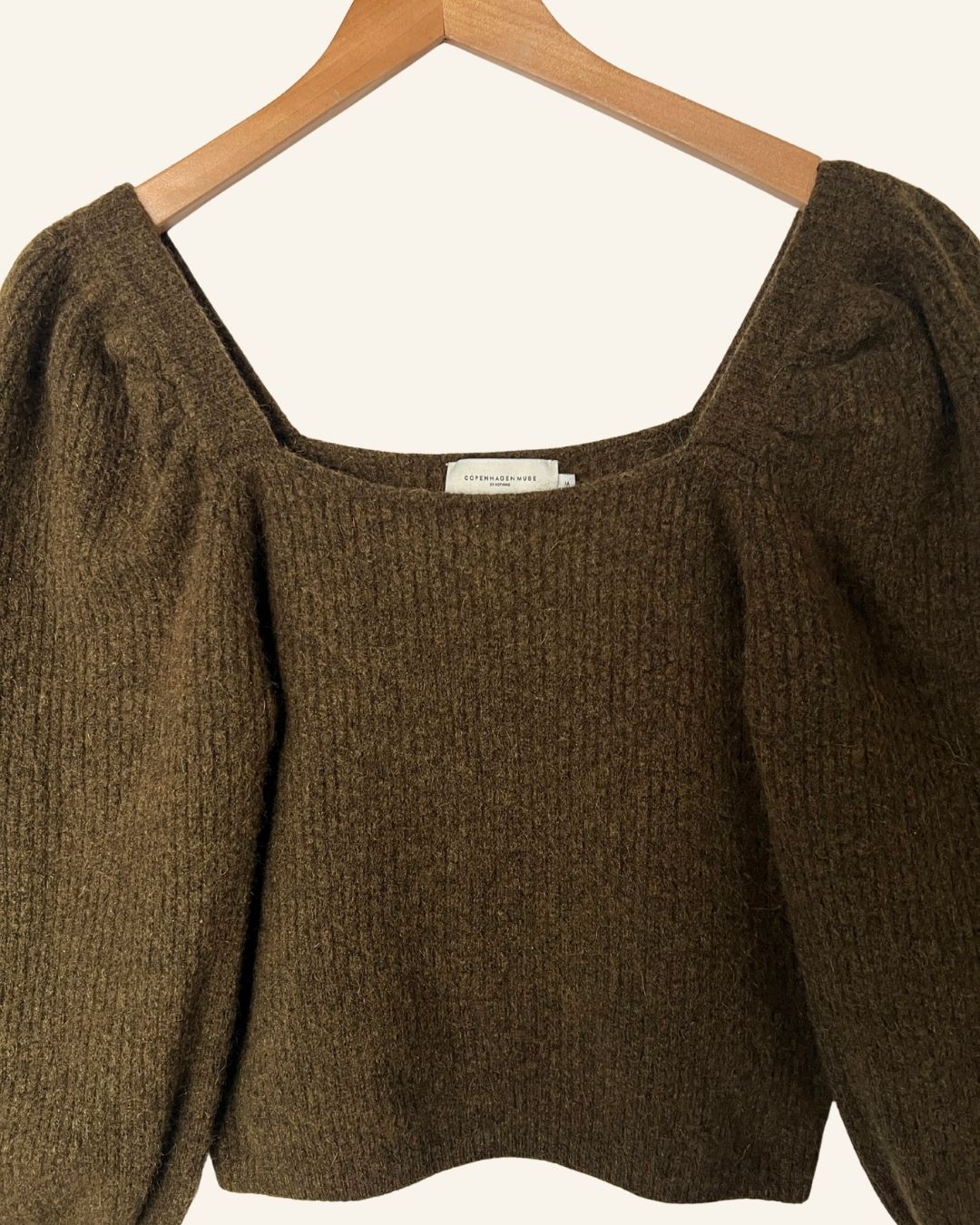 COPENHAGEN MUSE knitted khaki green puff sleeves alpaca squard sweater knitwear
