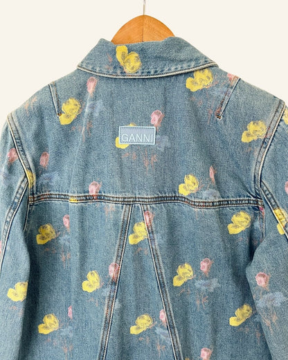 GANNI organic denim floral printed light blue jacket